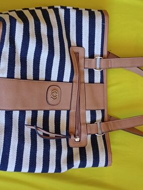 Rosetti tote bag a navy and white striped canvas body with tan faux leather trim